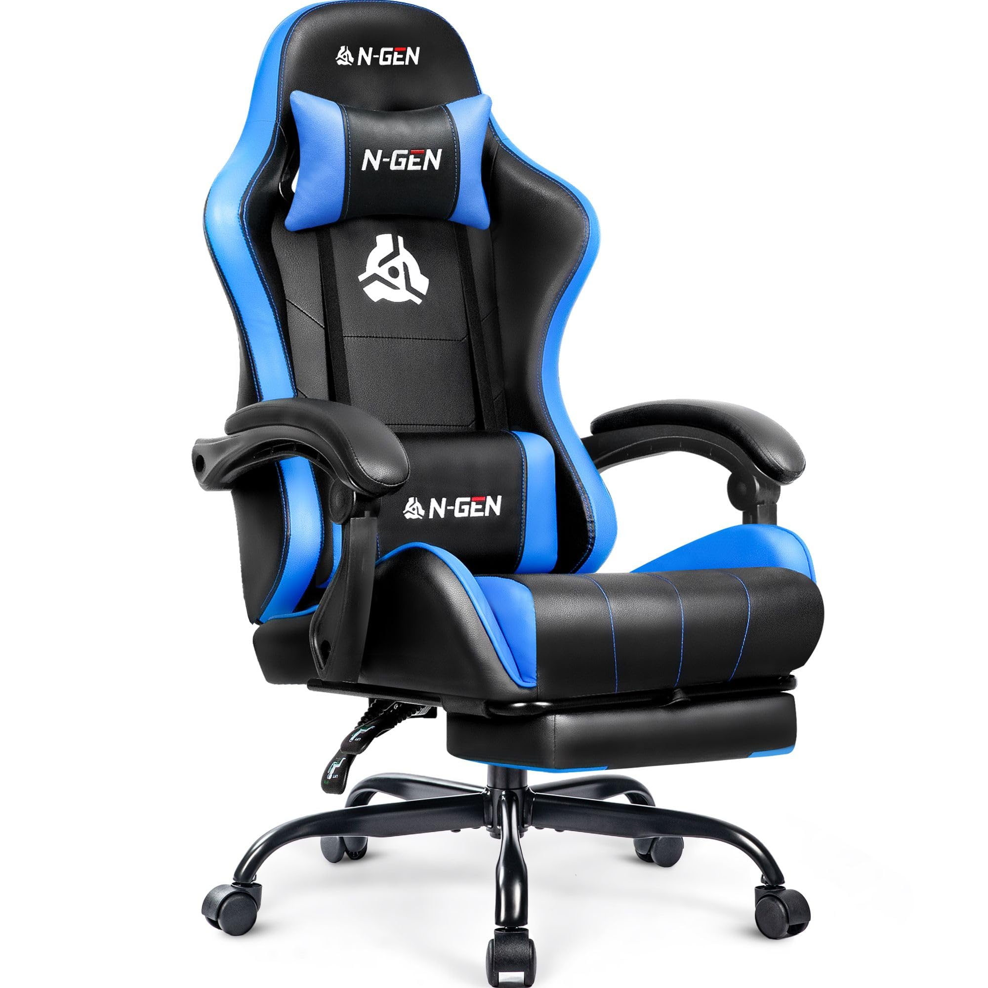 Gaming Chair with Footrest Lumbar Support for Home Office High Back Recliner Height Adjustable Ergonomic Comfy Leather Computer Desk Chair (Blue)