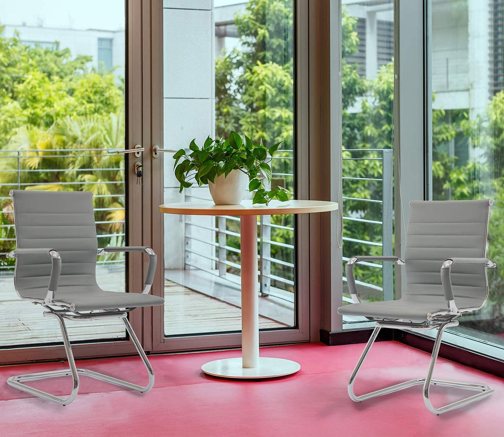 Conference Room Chairs Set of 6, Waiting Room Chairs with Arms, Faux Leather Reception Chairs No Wheels, Office Guest Chairs with Mid Back Support and Chrome Sled Base, Grey