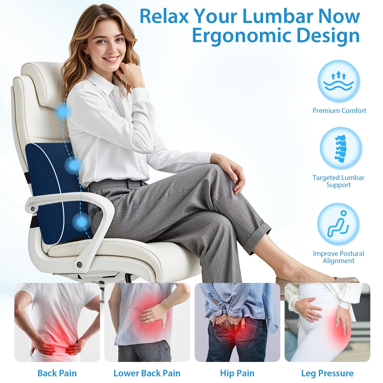 Lumbar Support Pillow for Office Chair, Car Seats and Home Desks, Ergonomic Back Support with Double Adjustable Straps, Machine Washable Cover, Blue