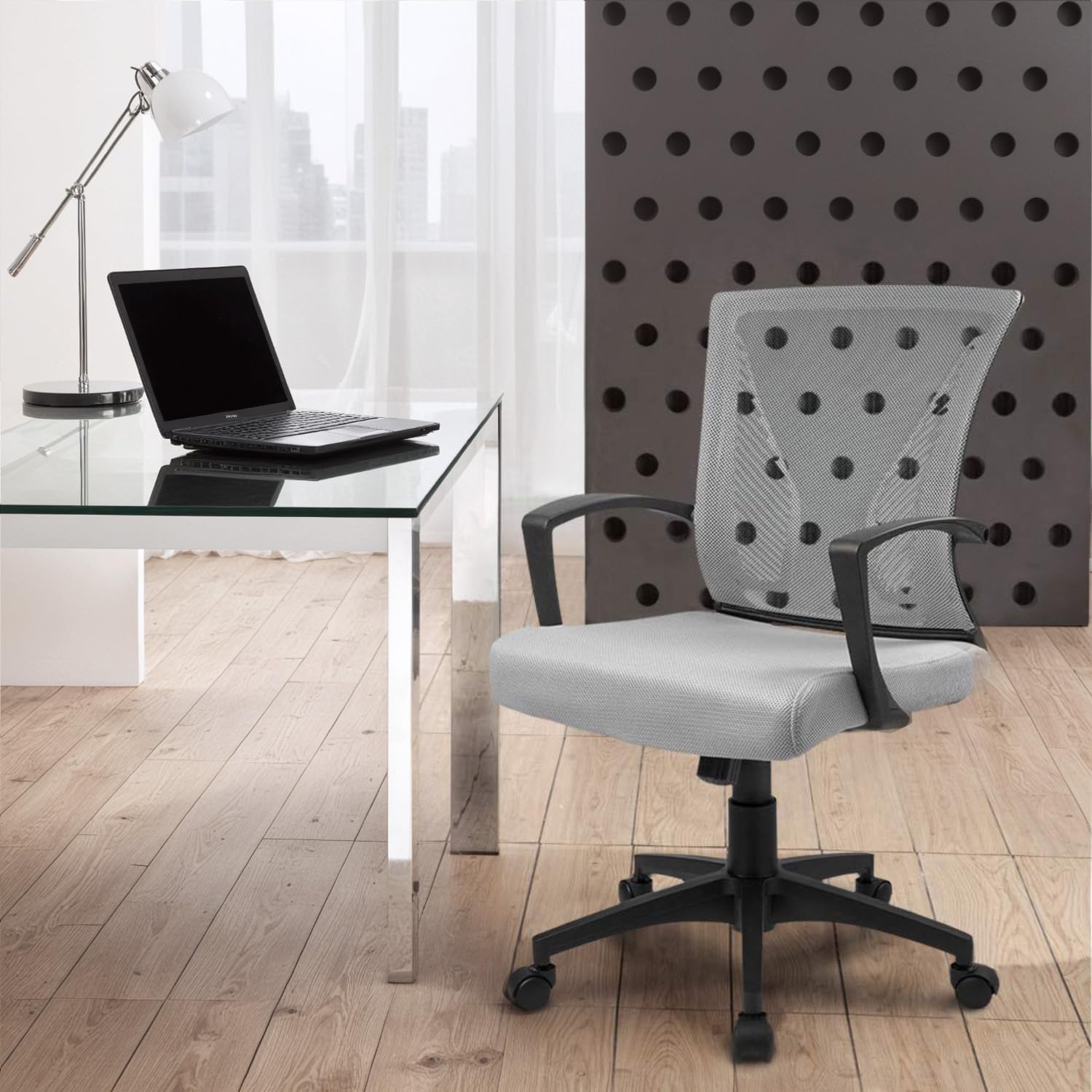 (2, Gray) Office Chair Ergonomic Computer Desk Mesh Chair Mid Back Swivel Lumbar Support with Armrest