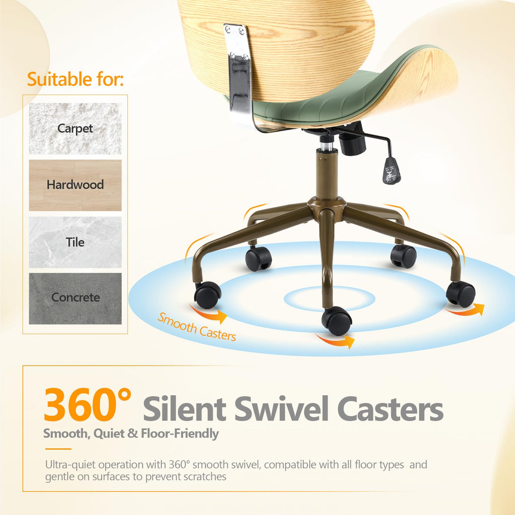 Wide Comfotable Swivel Home Office Chair with Wood-Grain Curved Shell,Ergomomic Mid-Back Padded Armless Rolling Desk Chair with Wheels,Height Adjustable for Computer,Task,Work,PU Leather,Green