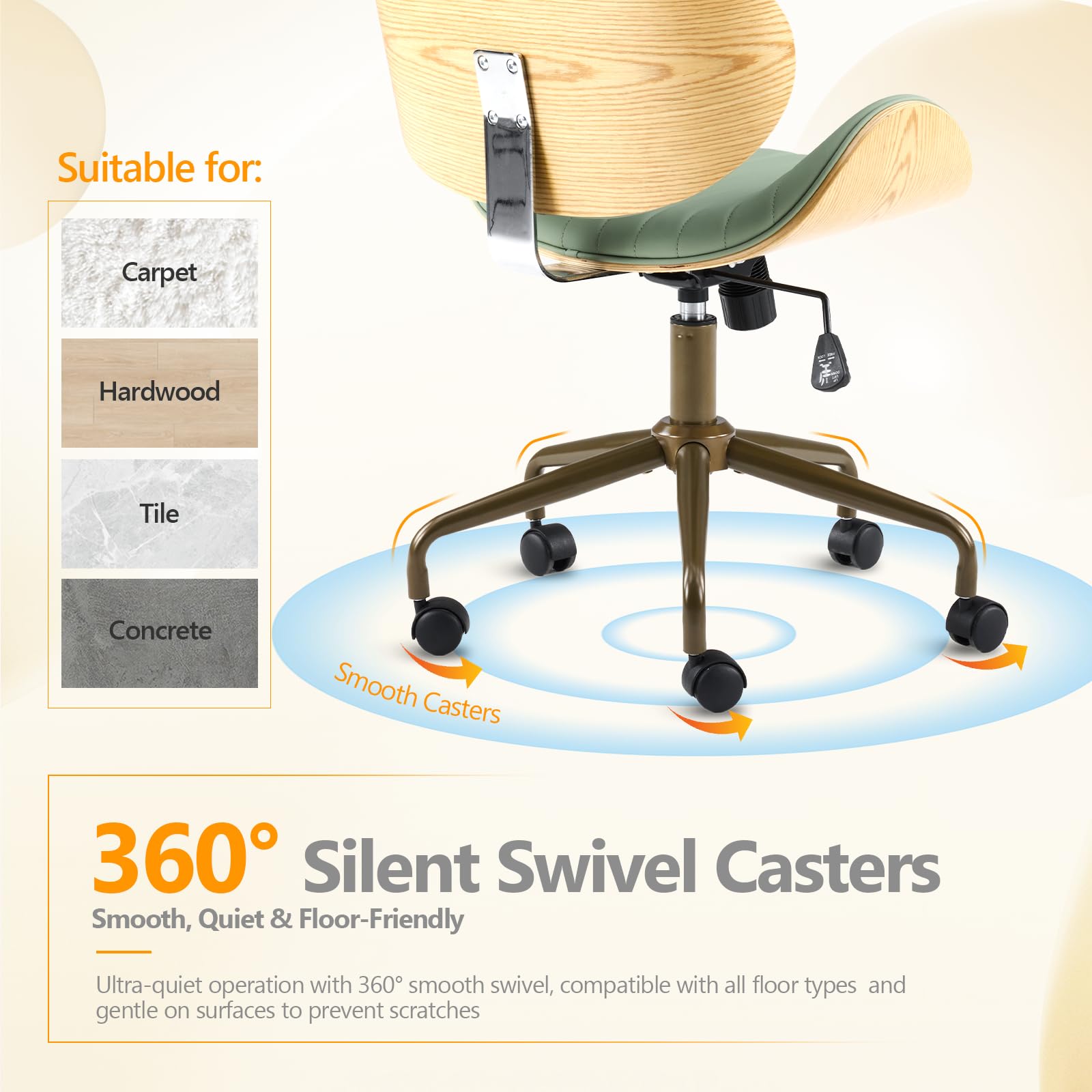Wide Comfotable Swivel Home Office Chair with Wood-Grain Curved Shell,Ergomomic Mid-Back Padded Armless Rolling Desk Chair with Wheels,Height Adjustable for Computer,Task,Work,PU Leather,Green