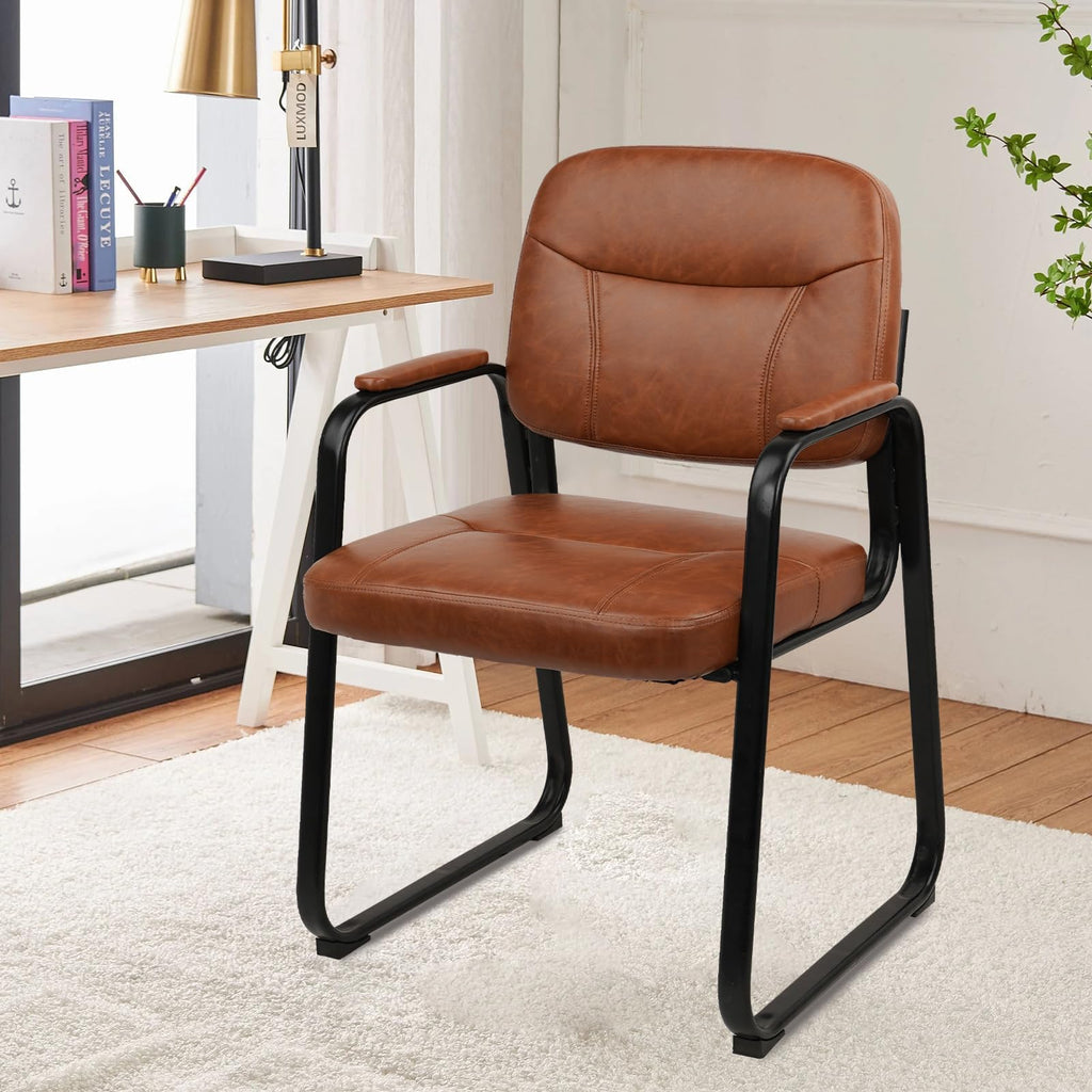 Waiting Room Guest Chair with Bonded Leather Padded Arm Rest for Office Reception and Conference Desk Black with Sled Base Brown 1 Pack