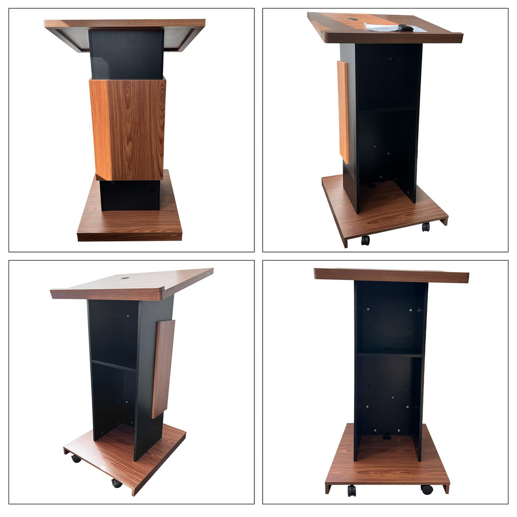 Wood Podium with Wheels,Wooden Lectern Stand,15MM Particle Board,Elegant Design with Storage,Mic Stand Space, Wooden Pulpit for Restaurants,Churches,Seminars and Schools
