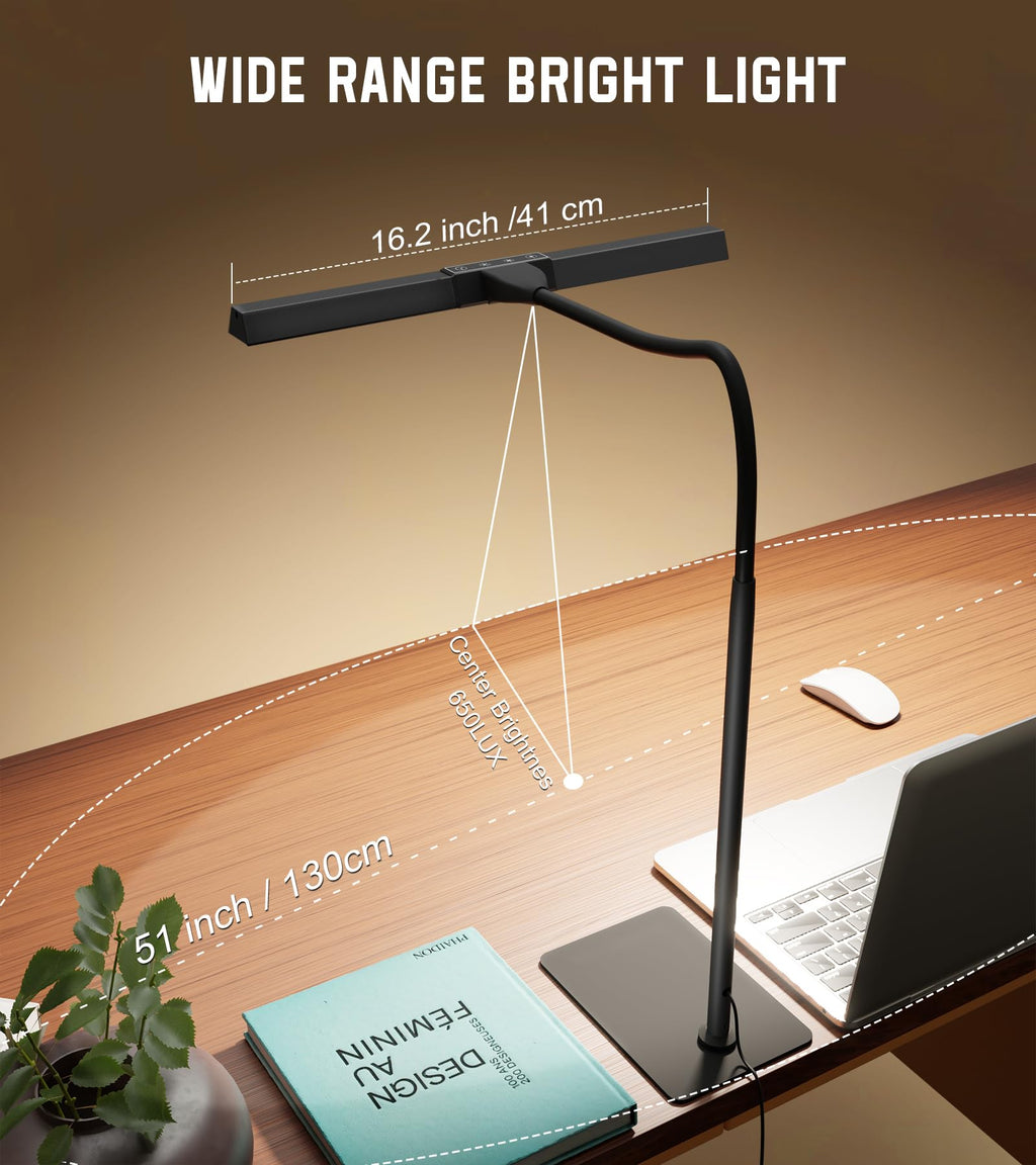 Desk Lamp for Office with Base, Eye-Caring Desk Light with Adjustable Gooseneck, 12W USB Adapter Touch Control 5 Dimmable Brightness & Color Tall Lamp for Work, Computer, Study, Task