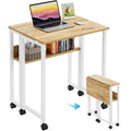 Folding Desk with Wheels, 31.5 Inch Compact Rolling Computer Table with Storage Shelf, Portable Mobile Workstation for Small Spaces, Easy Assembly, Oak