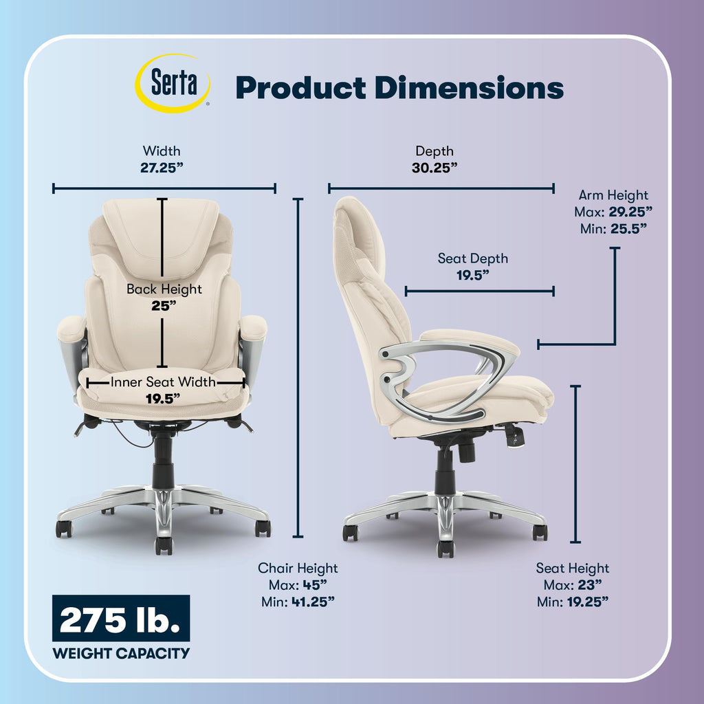 Executive Office Chair - Ergonomic Computer DeskChair with Lumbar Technology - Adjustable Height - Memory Foam Body Pillows - 360° Swivel Rolling Base - Bonded Leather - Cream