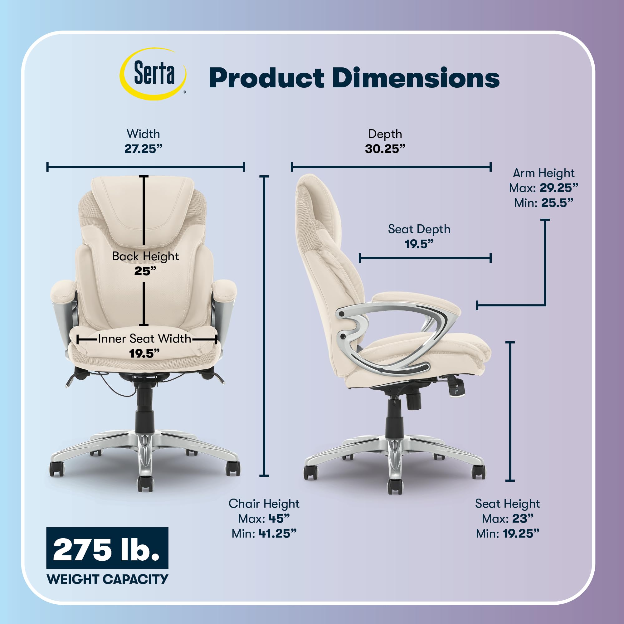 Executive Office Chair - Ergonomic Computer DeskChair with Lumbar Technology - Adjustable Height - Memory Foam Body Pillows - 360° Swivel Rolling Base - Bonded Leather - Cream
