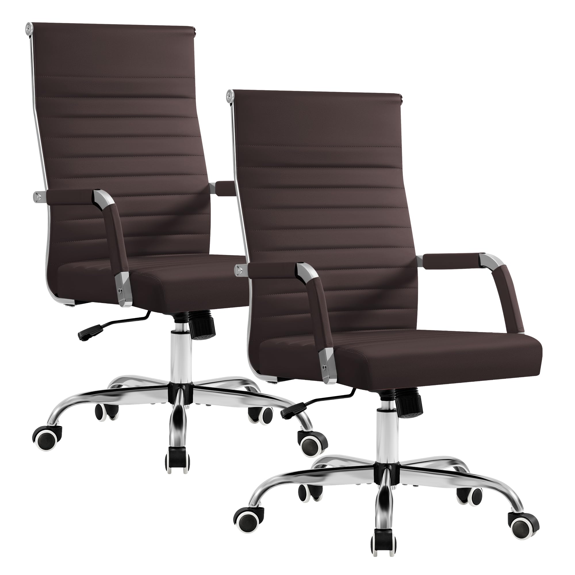 (2, Brown) Ergonomic Office Desk Chair, Executive Ribbed Mid-Back PU Leather Conference Room Chair Adjustable Swivel Chair with Arms