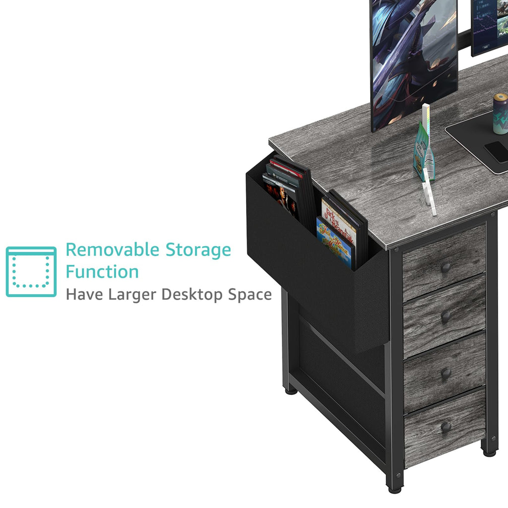 L Shaped Computer Desk with Drawers & Storage Shelves, 47 Inch Small Corner Desk with Power Outlet for Home Office Bedroom, L-Shaped Gaming PC Desks with Fabric Drawer, Gray