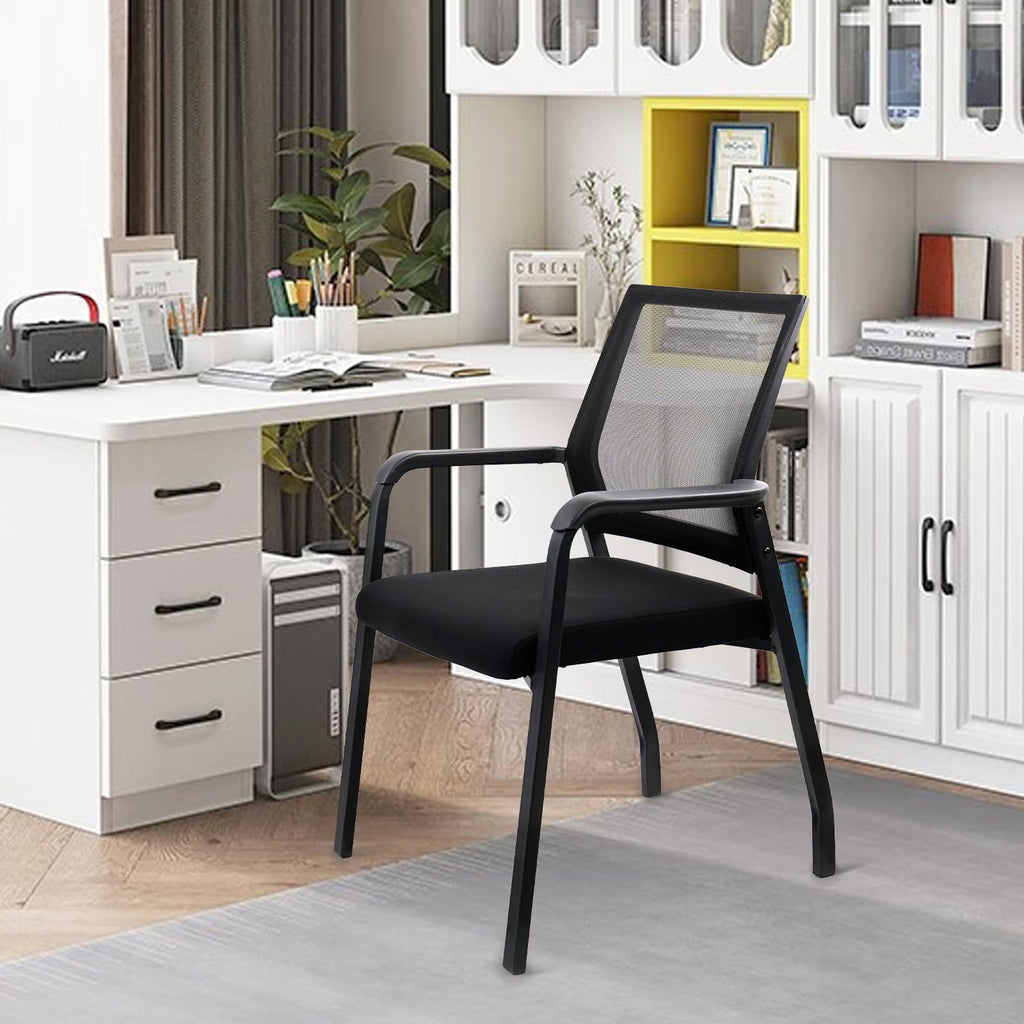 2 Pack Black, Desk Chair No Wheels, Arm Chair with Ergonomic Lumbar Support and Thickened Seats Cushion, Waiting Room Chairs for Office School Church Guest Reception,
