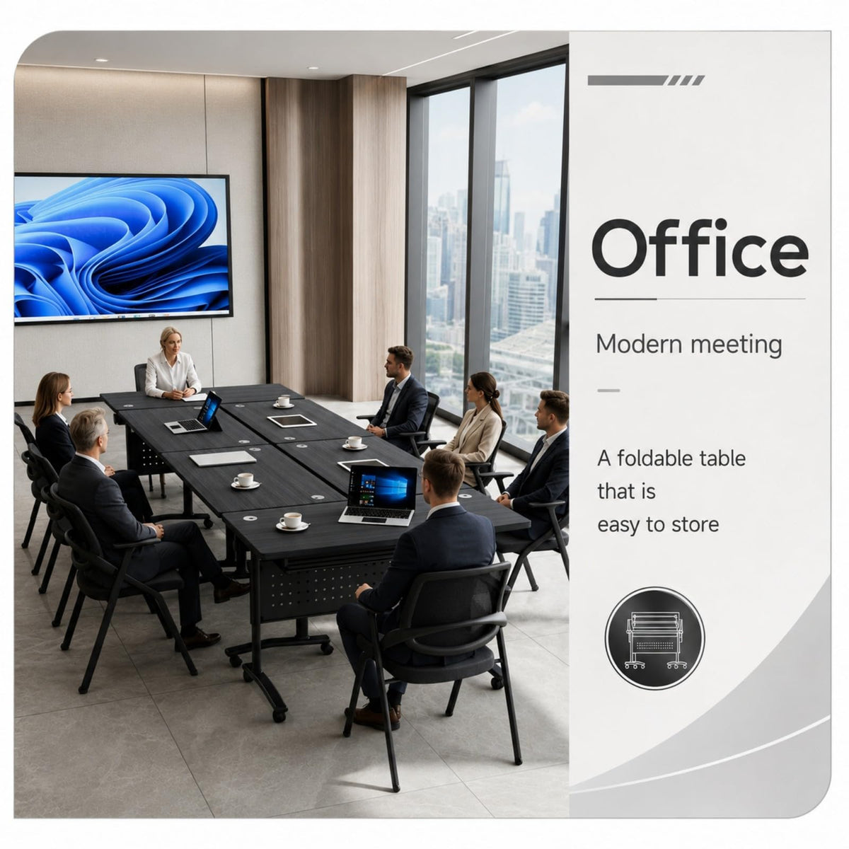 Folding Conference Table, Wheels, Flip-Top, 47.2in, 4 Pack, Morandi Blue