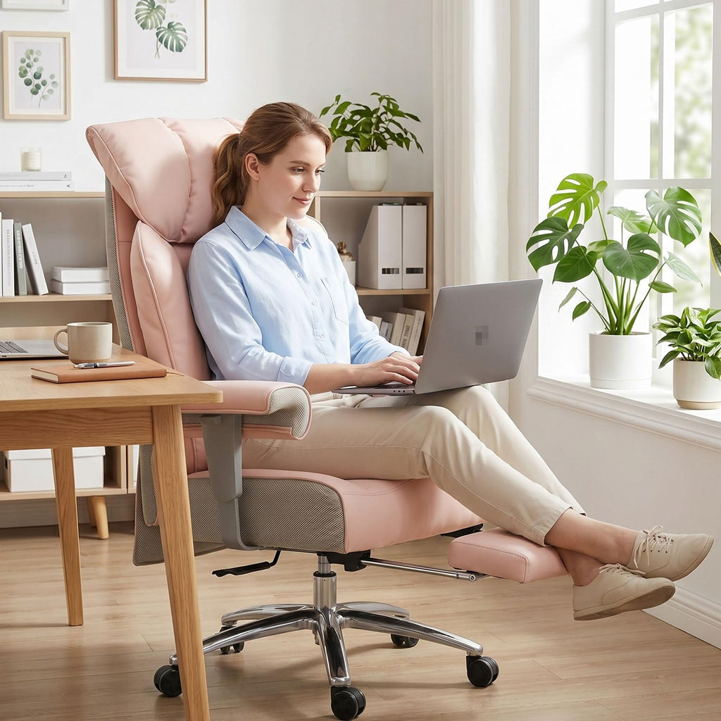 Big & Tall Pink Executive Office Chair 400lbs, Extra Wide 23.2" PU Leather Desk Chair for Women with Footrest, Pocket Spring & Adjustable Arms for Home Office
