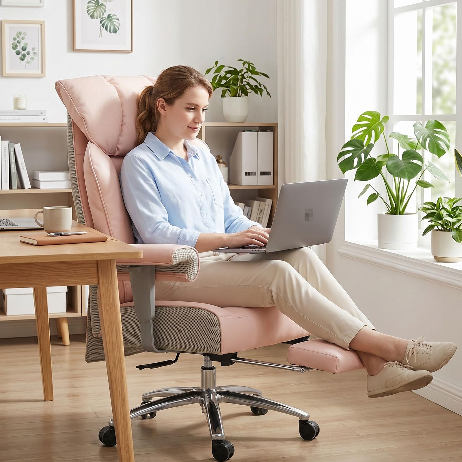 Big & Tall Pink Executive Office Chair 400lbs, Extra Wide 23.2" PU Leather Desk Chair for Women with Footrest, Pocket Spring & Adjustable Arms for Home Office