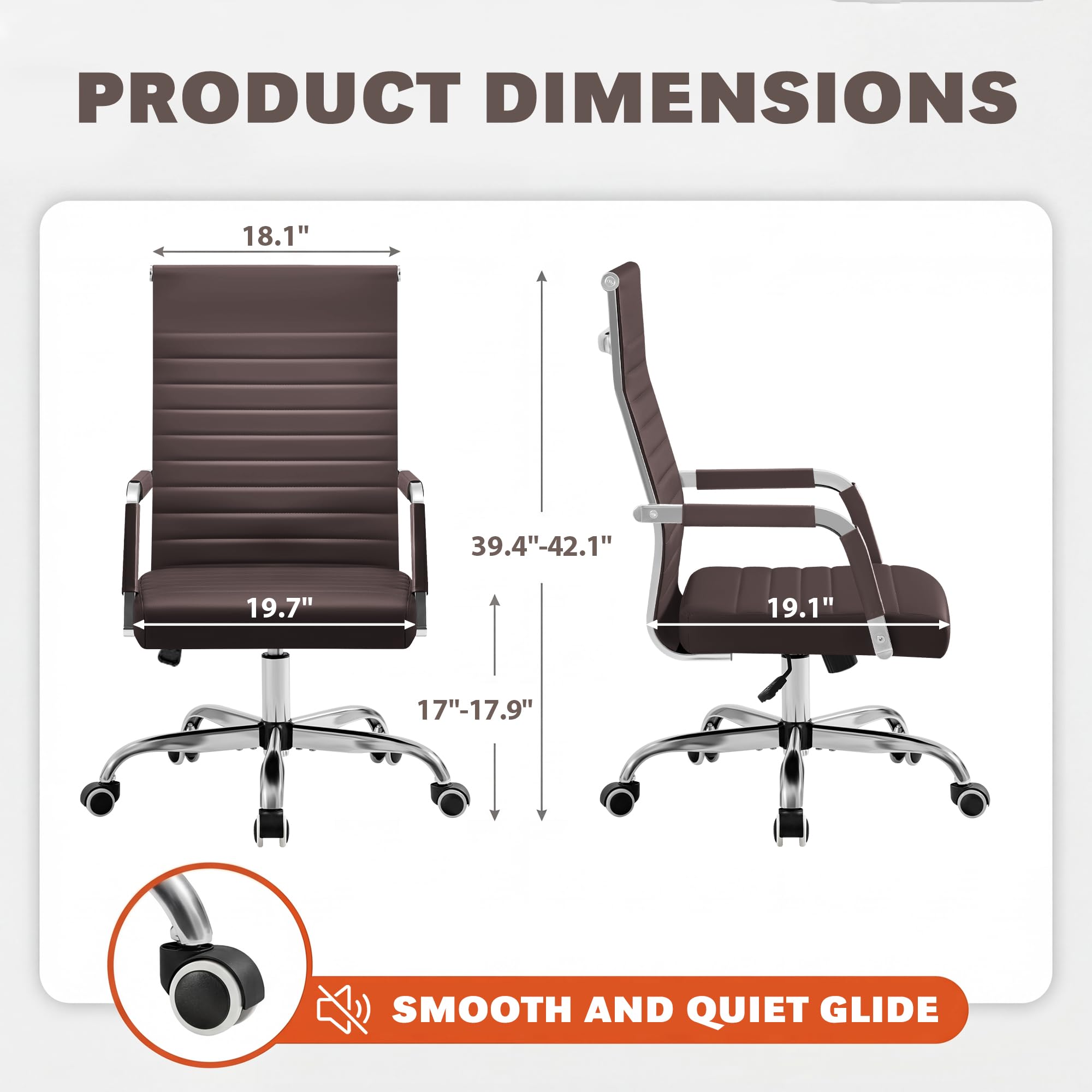(2, Brown) Ergonomic Office Desk Chair, Executive Ribbed Mid-Back PU Leather Conference Room Chair Adjustable Swivel Chair with Arms