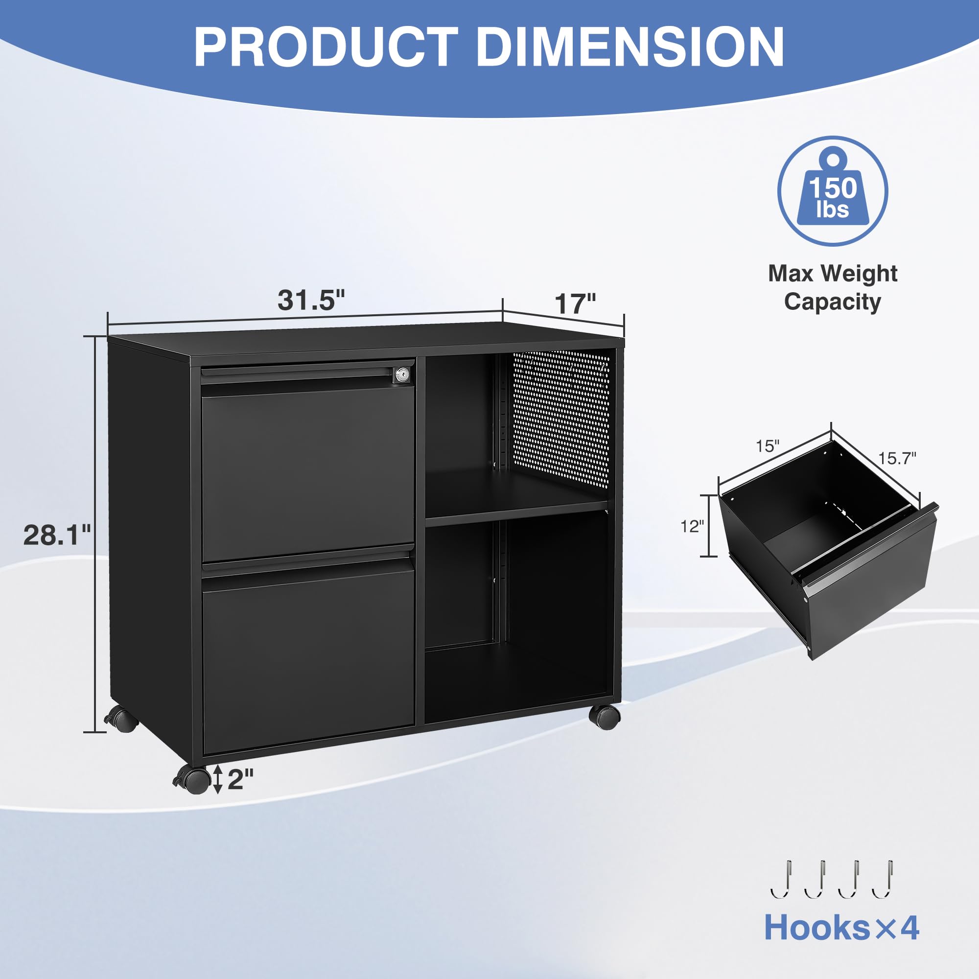 Mobile File Cabinet with Side Hook, 2 Drawer Lateral File Cabinet with Lock fits A4/Letters/Legal Size for Home Office,Metal Rolling Printer Stand with Open Storage Adjustable Shelves(Black)
