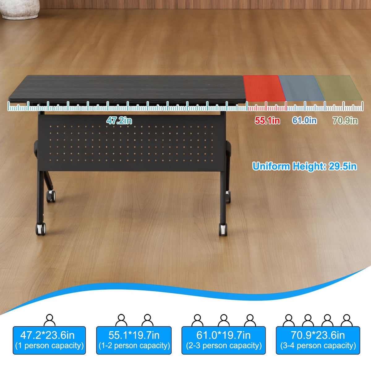 Conference Room Tables White,Folding Rectangular Flip Top Conference Table with Wheels for Large Meeting Seminar Home Office Classr (8, Black, 55.1in)