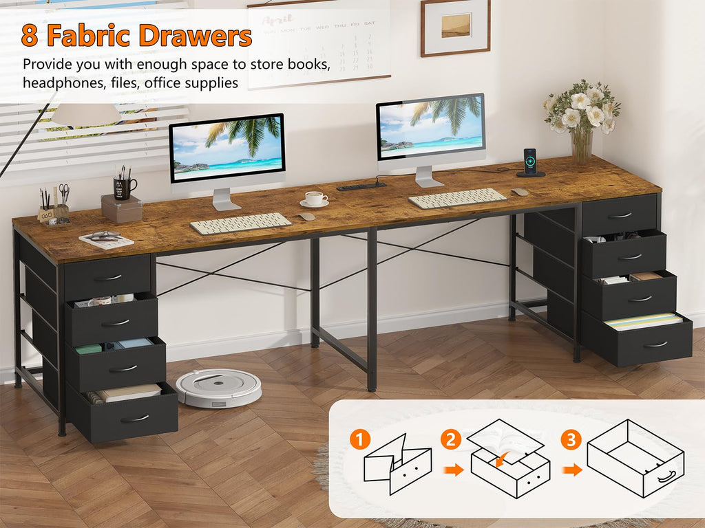 95'' Two Person Desk with 8 Drawers, Long Office Desk with Charging Station, 2 Person Desks Double Desk Writing Study Table for Home Office, Brown and White, Brown and Black