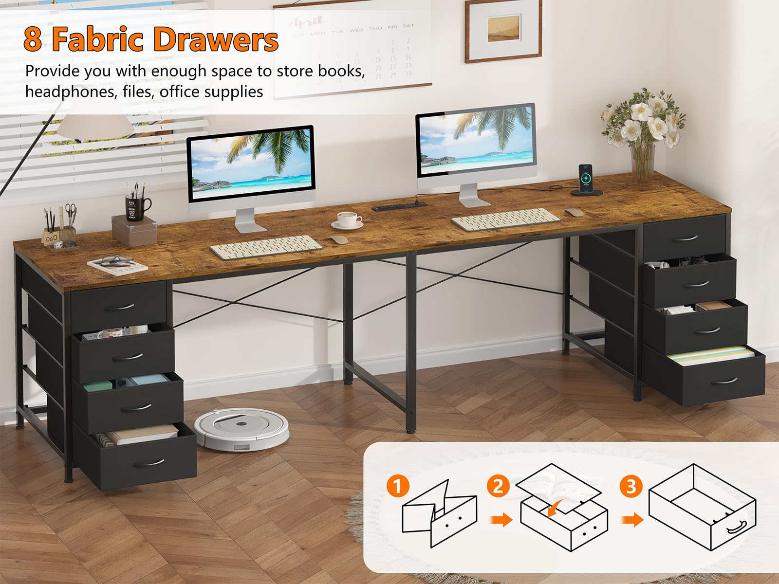 95'' Two Person Desk with 8 Drawers, Long Office Desk with Charging Station, 2 Person Desks Double Desk Writing Study Table for Home Office, Brown and White, Brown and Black