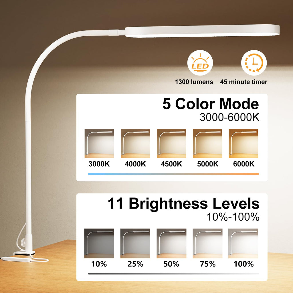 Led Desk Lamp - 33.5" Desk Light - Flexible Gooseneck - 5 Color Modes X 11 Brightness Levels - 1300LM - Timmer & Memory Function - 12W Clip on Light - White