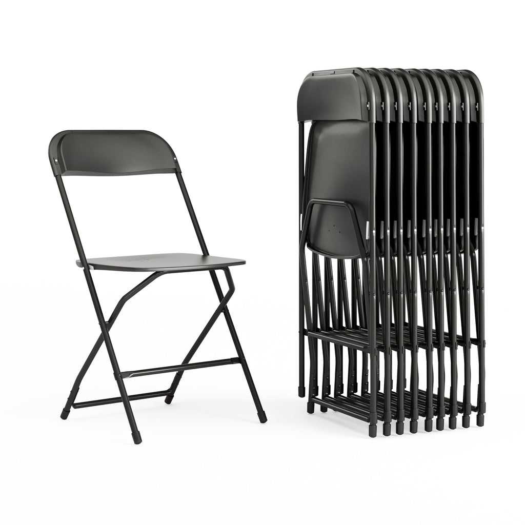 Hercules Set of 10 Indoor/Outdoor Heavy-Duty Plastic Folding Chairs, Foldable Commercial Stacking Chairs with 650-lb. Static Weight Capacity, Black