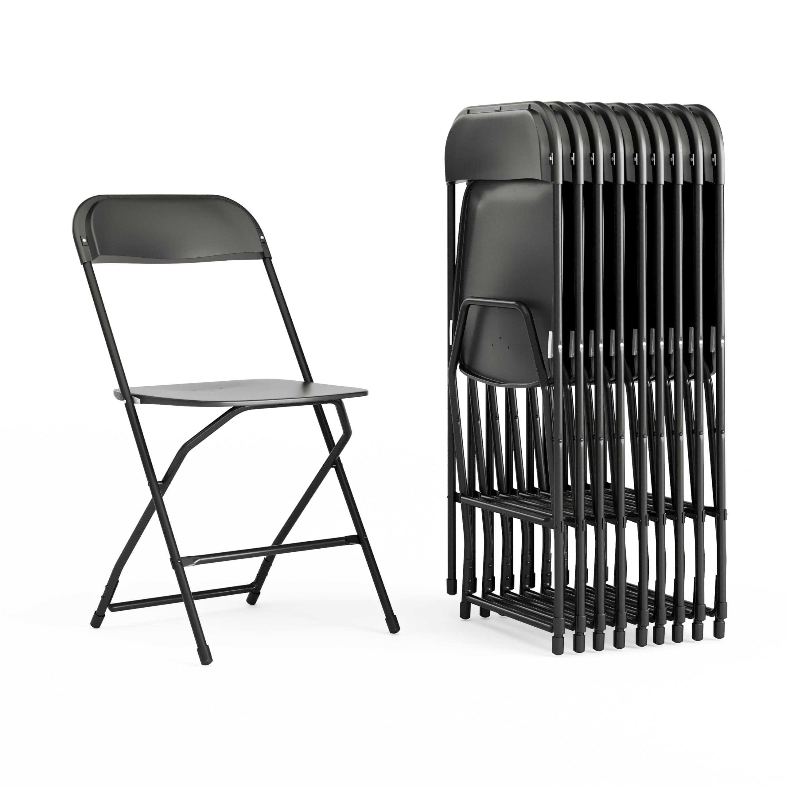 Hercules Set of 10 Indoor/Outdoor Heavy-Duty Plastic Folding Chairs, Foldable Commercial Stacking Chairs with 650-lb. Static Weight Capacity, Black