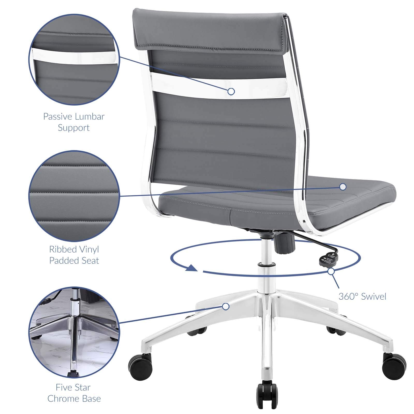 Ribbed Armless Mid Back Swivel Conference Chair In Gray