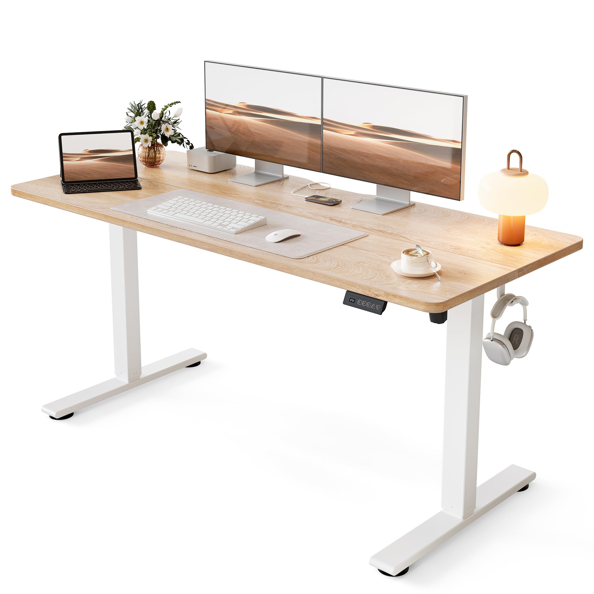 Standing Desk, 55x24 Inches Sit Stand Home Office Desk, Electric Stand up Desk, Adjustable Desk with Splice Board, White Frame/Maple Top