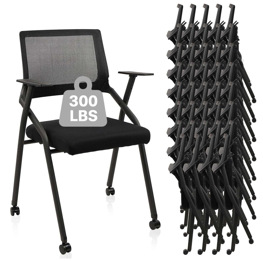 Black (40 pk) Ergonomic Stackable & Foldable Conference Room Chairs, Mesh Office Chair with Arms and Wheels for Office Waiting Room Meeting Lobby Church School Receptions and Training