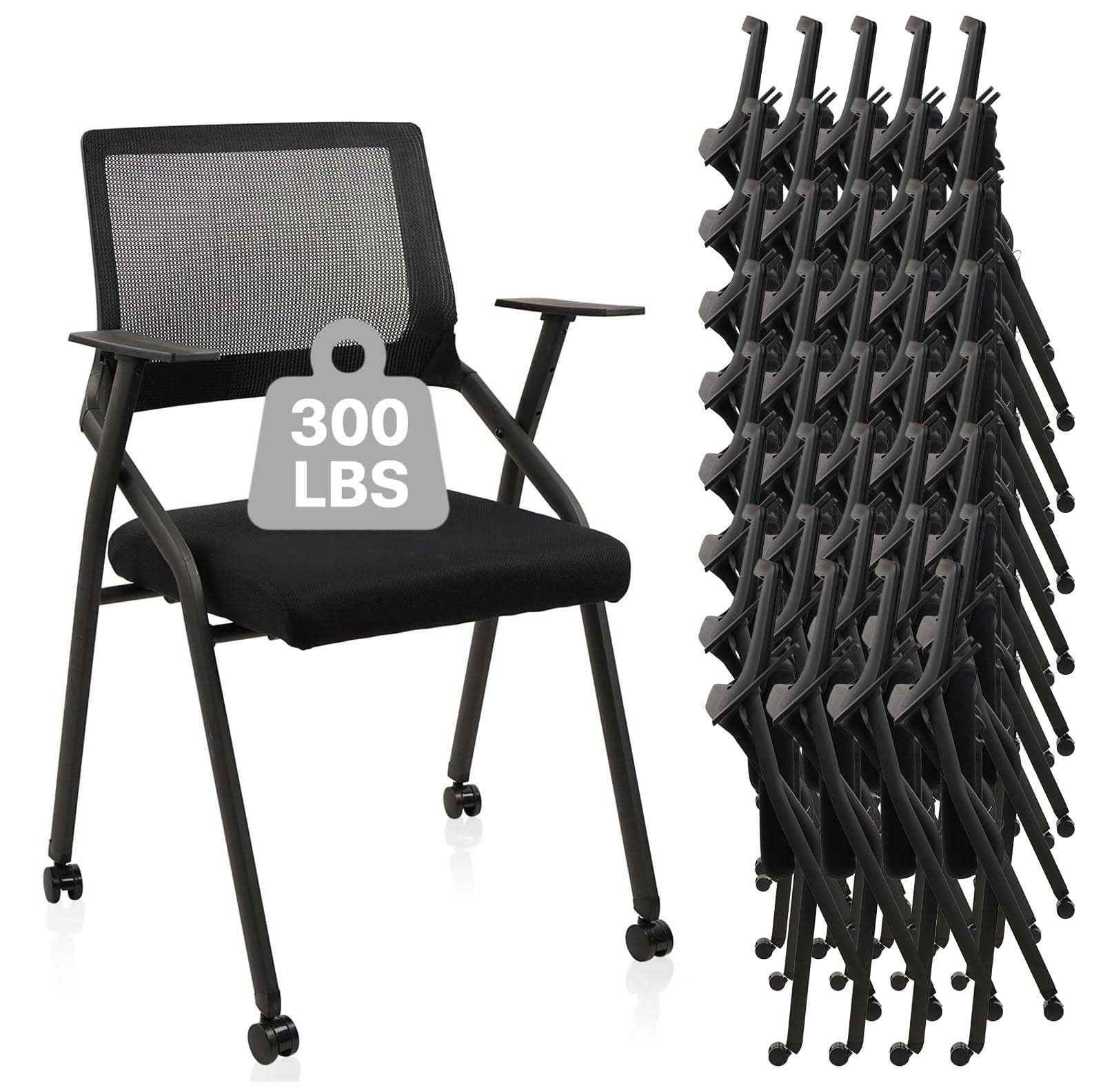 Black (40 pk) Ergonomic Stackable & Foldable Conference Room Chairs, Mesh Office Chair with Arms and Wheels for Office Waiting Room Meeting Lobby Church School Receptions and Training