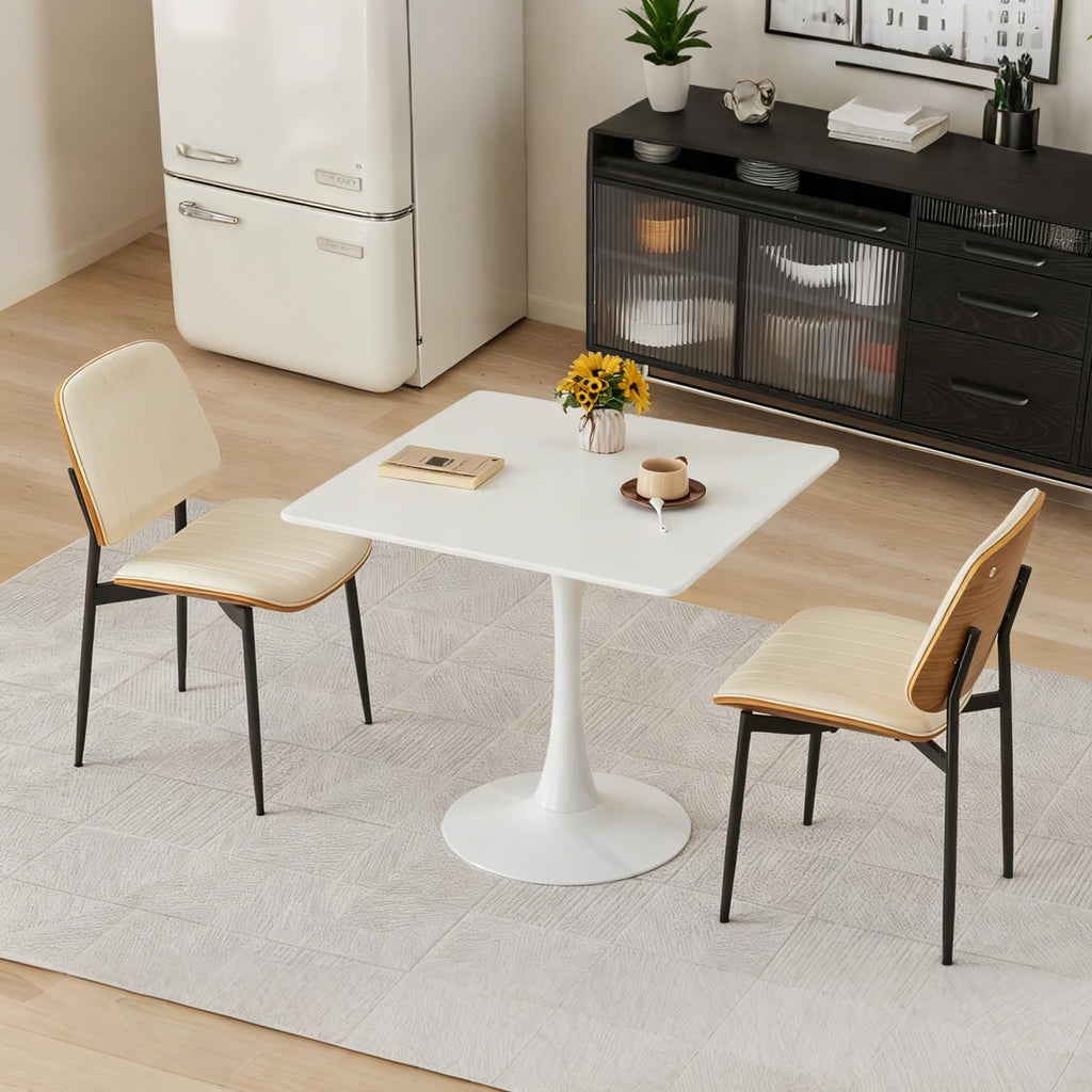 Hansweld Square Dining Table, 31.5" Tulip Table with Thickened Tabletop & Metal Pedestal, Mid Century Modern Bistro Table for Kitchen, Small Places, Living Room, Cafe (White)