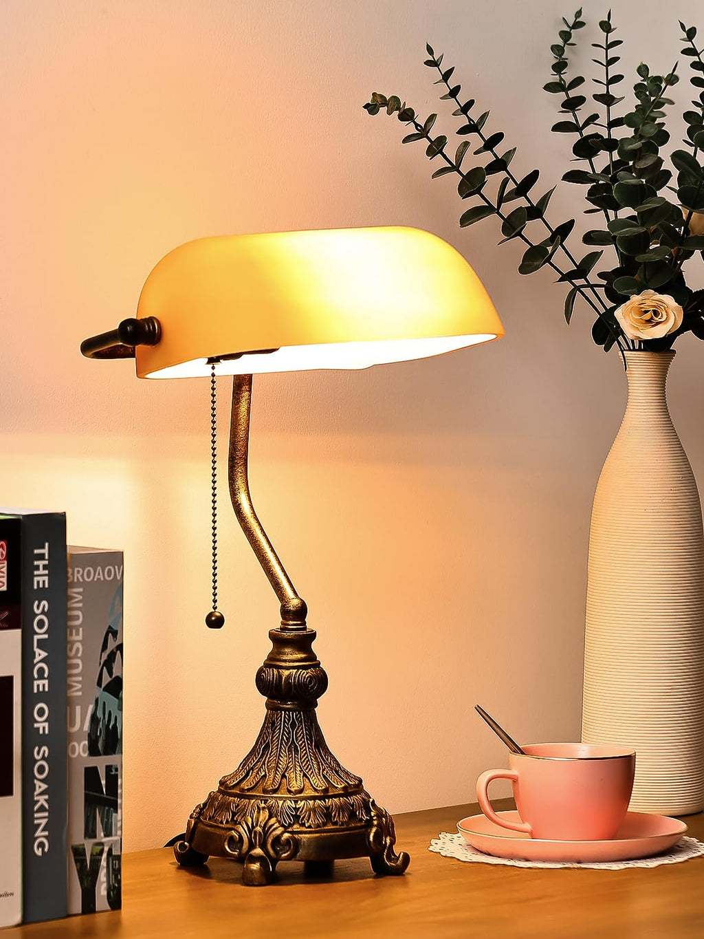 Vintage Amber Glass Bankers Desk Lamp,LED Bulb Included