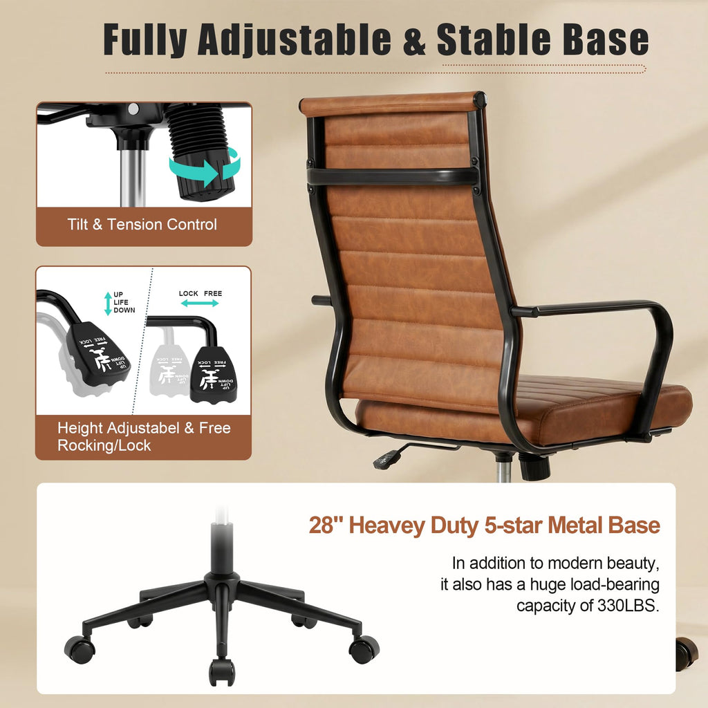 Leather Office Desk Chair, Mid-Century Modern Leather Conference Room Chairs, Ergonomic Executive Ribbed Height Adjustable Swivel Rolling Chair for Home Office.
