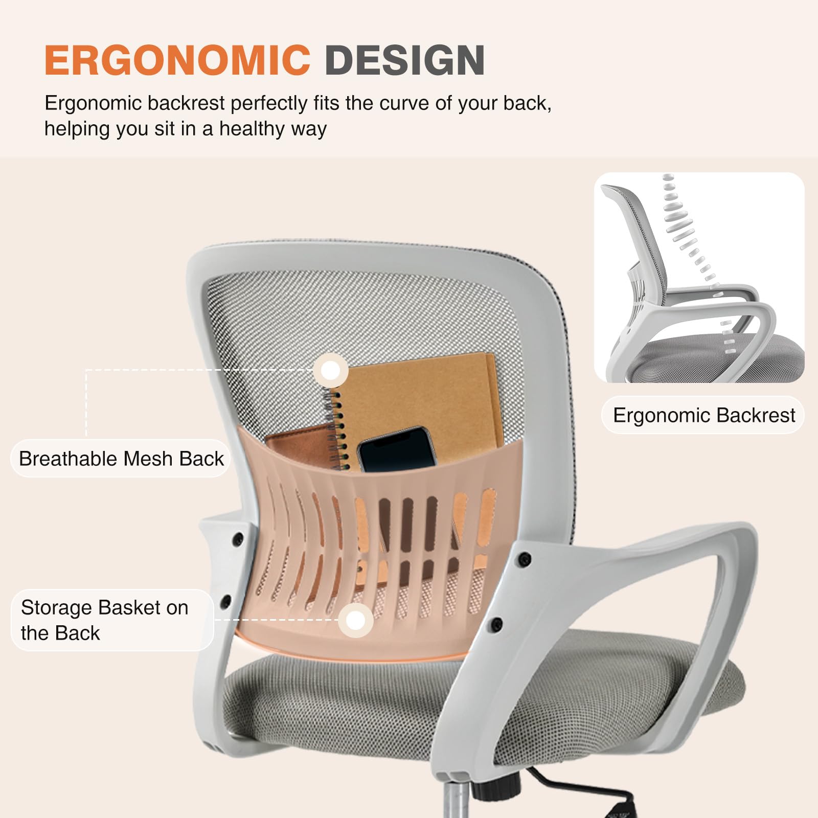 Home Office Managerial Executive Chair, Ergonomic Mesh Adjustable Swivel Mid-Back Computer Desk Chair with Comfortable Lumbar Support, Comfy Arms for Bedroom,Study