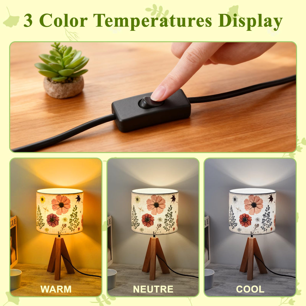Dried Flowers Tripod Table Lamp 14.96in, 9W LED 3-Color Cute Bedside Lamp with Flowers Linen Lampshade for Nursery, Bedroom, Kid Room, Living Room, Light Brown Wooden Base
