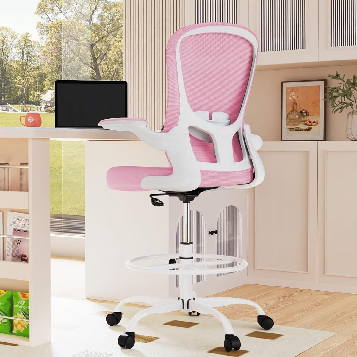 Drafting Chair Tall Executive Ergonomic Computer Standing Desk Chair with Flip-Up Armrests