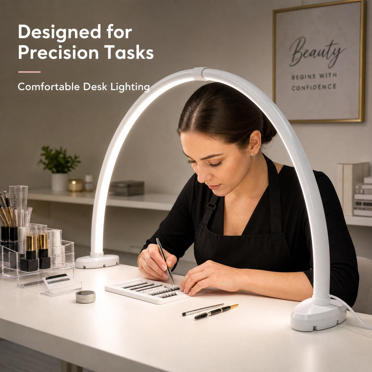 Half Moon Nail Light, 180° No Shadow LED Nail Desk Lamp with Foldable Height Adjustable Base, Nail Tech Lamp Soft Light Eye Protection for Manicure Eyelash Tattoo Craft Workbench Lighting