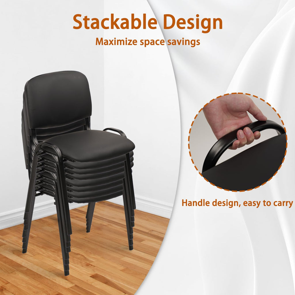 Set of 10, Stacking Conference Room Chairs No Wheels, PU Leather Waiting Room Chair Armless Stackable Office Guest Chair with Metal Frames for Reception Lobby Side Training School, Black