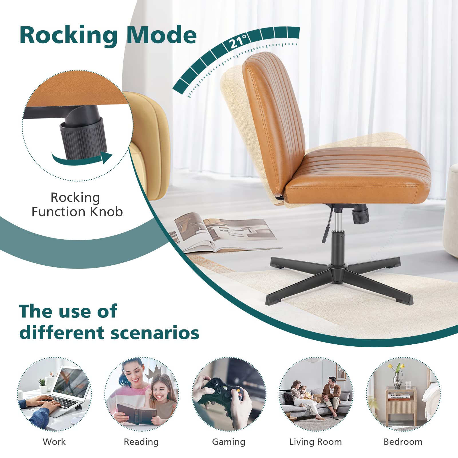 Criss Cross Legged Chairs Armless No Wheels Wide Seat Height Adjustable Swivel Padded PU Leather Home Office Desk Seating for Bedroom, Student, Study Room