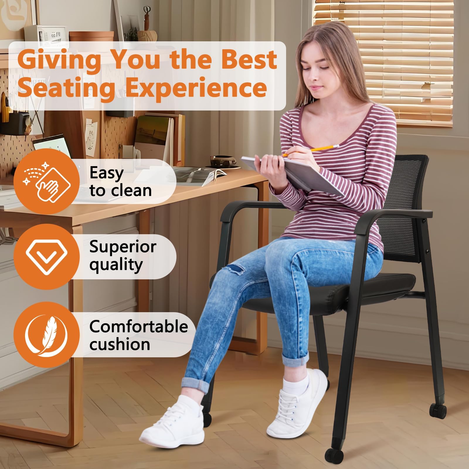 Stacking Office Chair with Wheels, Mesh Back Waiting Room Guest Chairs with Arms Comfortable Leather Cushion Stackable Desk Chair for Conference Reception School Side Stationary, Black