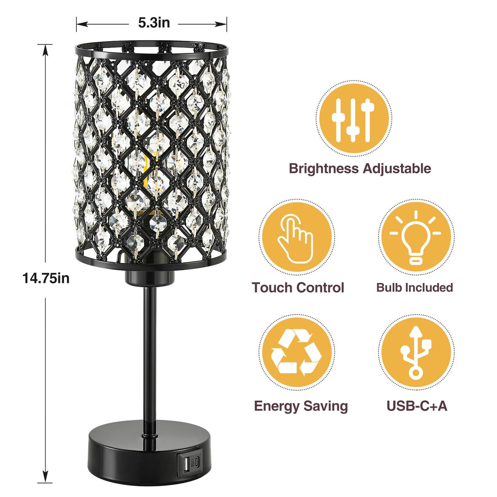 Crystal Table Lamp, Black Touch Lamp with USB C+A Port, 3-Way Dimmable