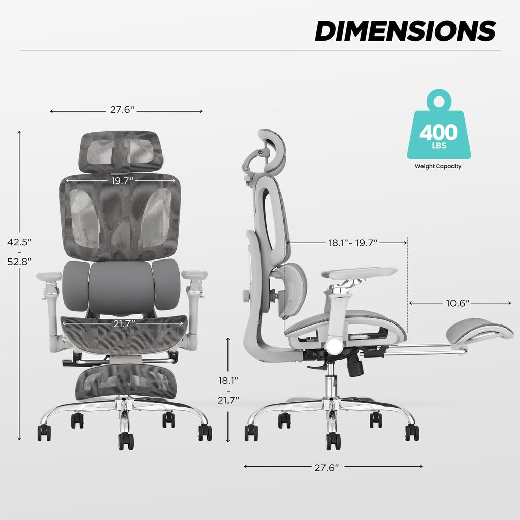Ergonomic Mesh Office Chair with 3-Zone Dynamic Lumbar Support, Big and Tall Office Chair with Footrest, Adjustable Seat Depth,4D Headrest,6D Armrests, Swivel Executive Chair for Home Office,Grey