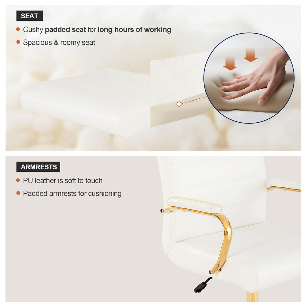 White and Gold Office Desk Chair, Modern Leather Conference Room Chairs, High Back Ergonomic Home ofiice Chair, Adjustable Height Swivel Executive Computer Chair with Padded Seat and Armrest