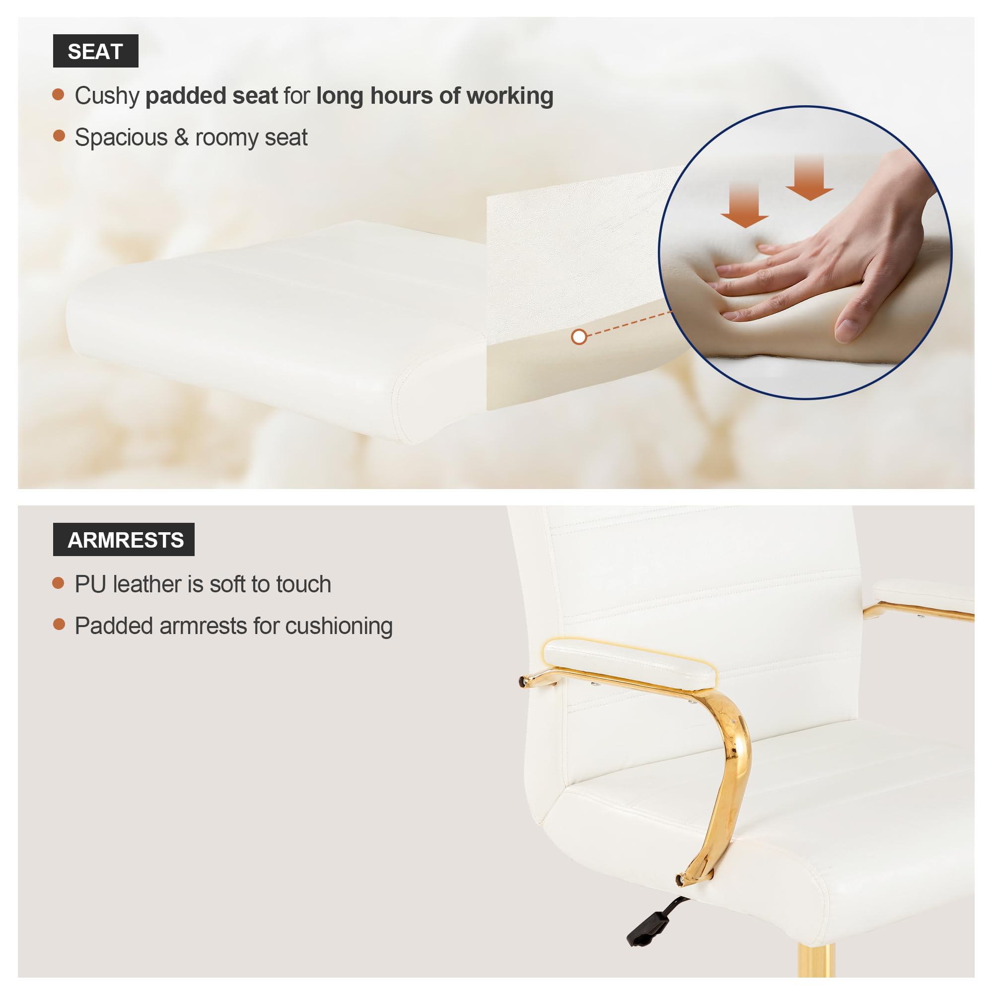 White and Gold Office Desk Chair, Modern Leather Conference Room Chairs, High Back Ergonomic Home ofiice Chair, Adjustable Height Swivel Executive Computer Chair with Padded Seat and Armrest