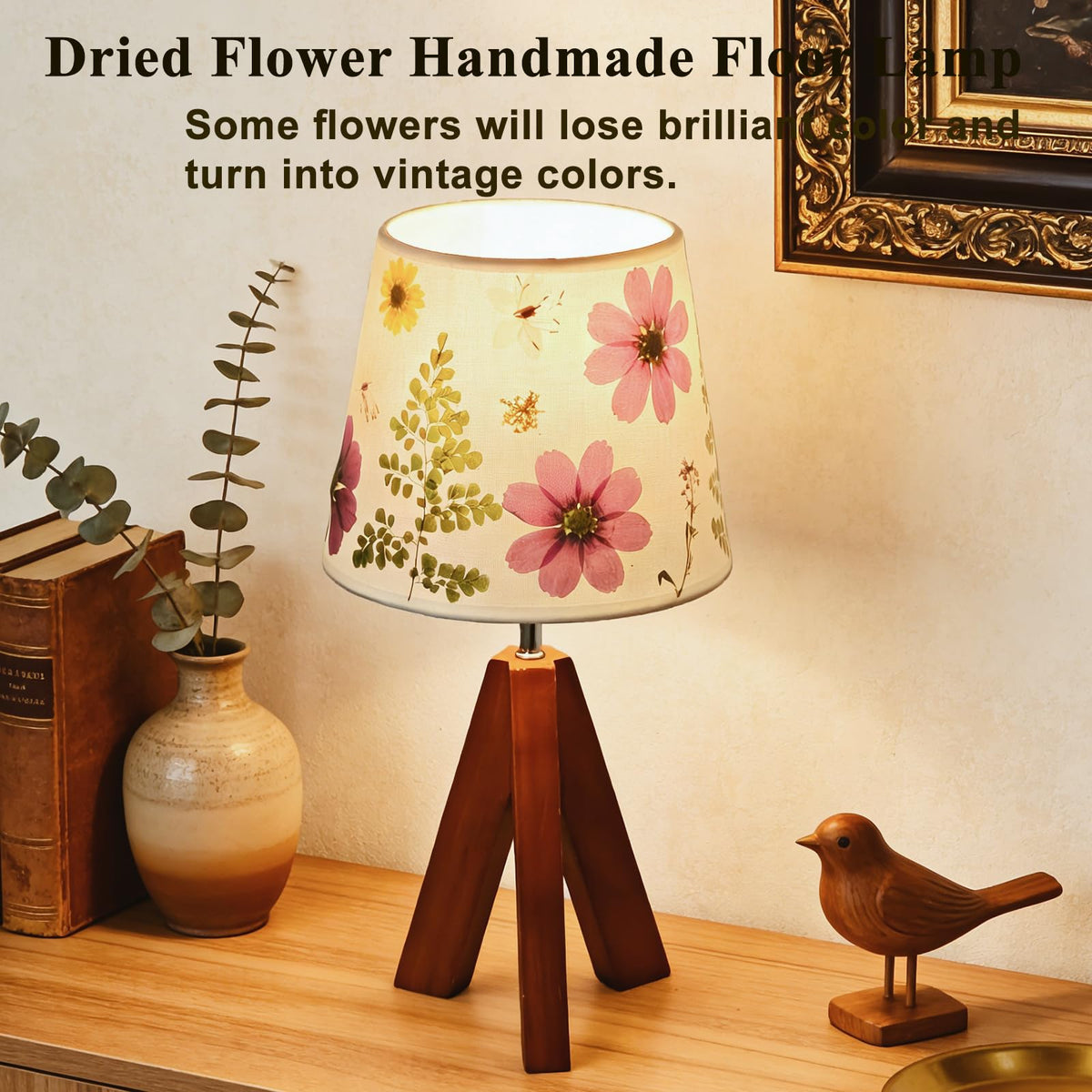 Dried Flowers Tripod Table Lamp 14.17in, 9W LED Dimmable Cute Bedside Lamp with Flowers Linen Lampshade for Nursery, Bedroom, Kid Room, Living Room, Light Brown Wooden Base