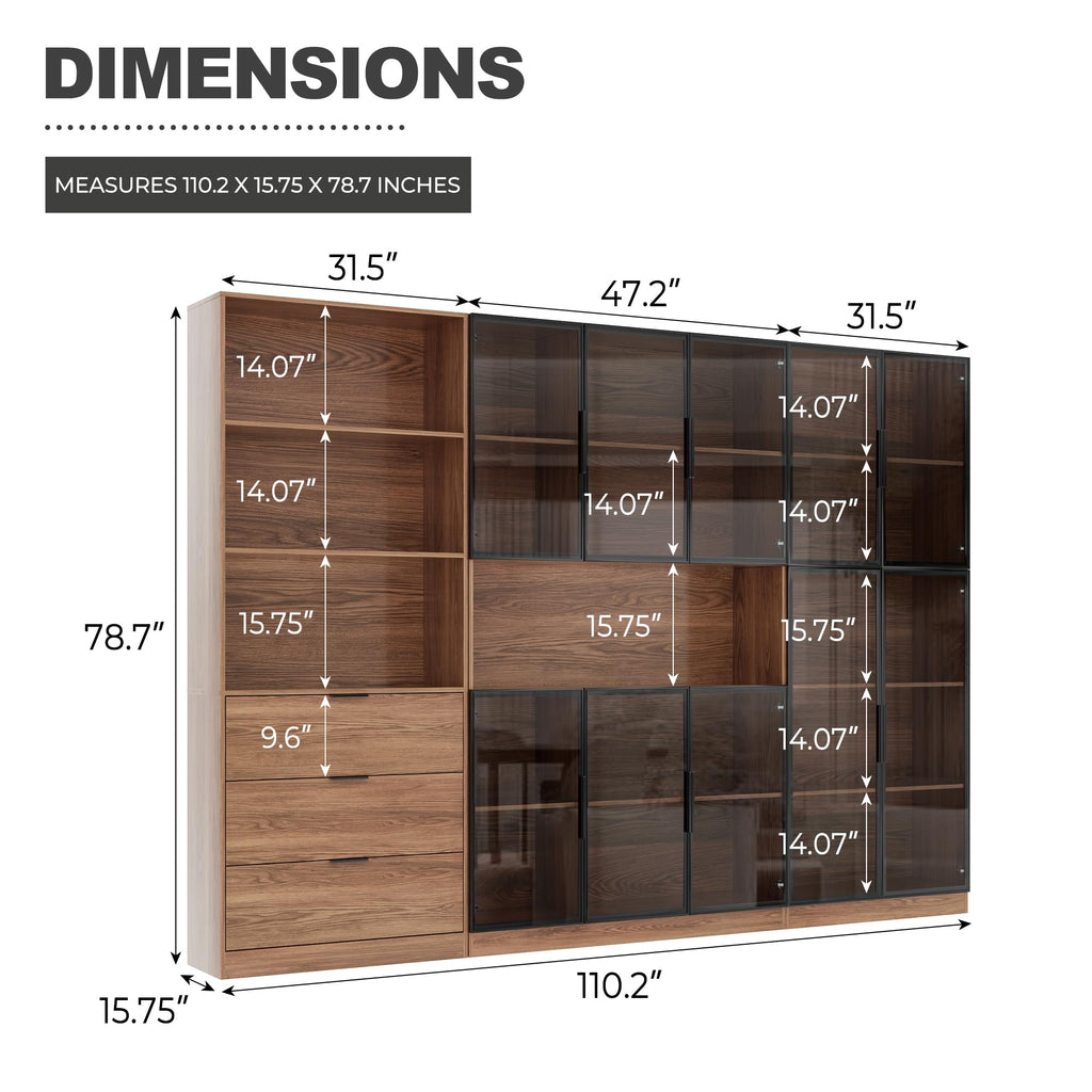 78.7" H Tall Bookcase Storage Cabinet with LED Lights and Drawers, 5 Tier Wood Storage Shelves with Glass Doors, Expandable Bookshelf Display Cabinet for Living Room, Home Office (A+C+B)