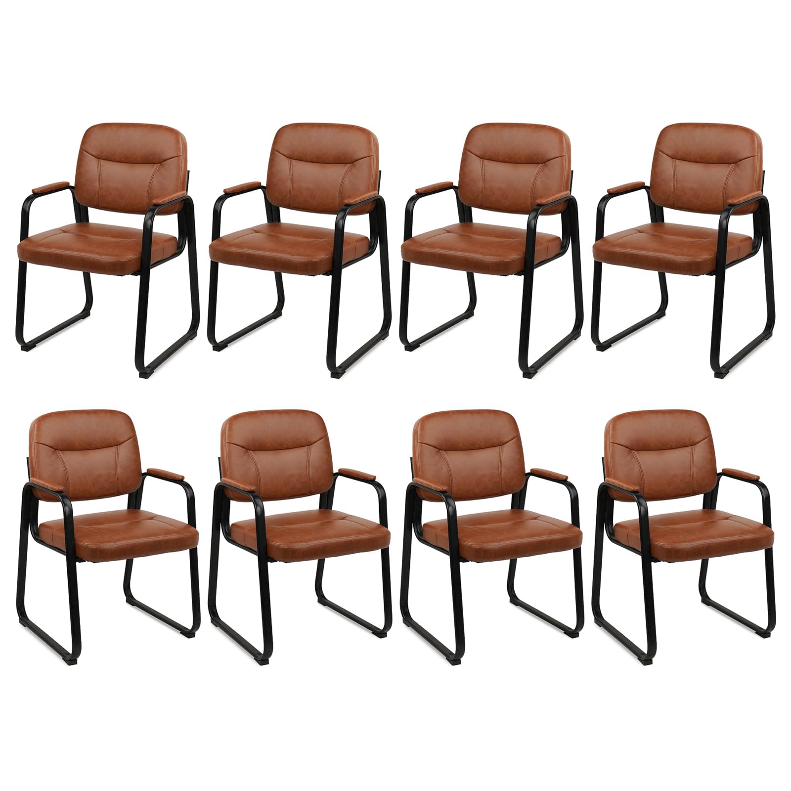 8 Pack, Waiting Room Guest Chair with Bonded Leather Padded Arm Rest for Office Reception and Conference Desk Black with Sled Base Brown