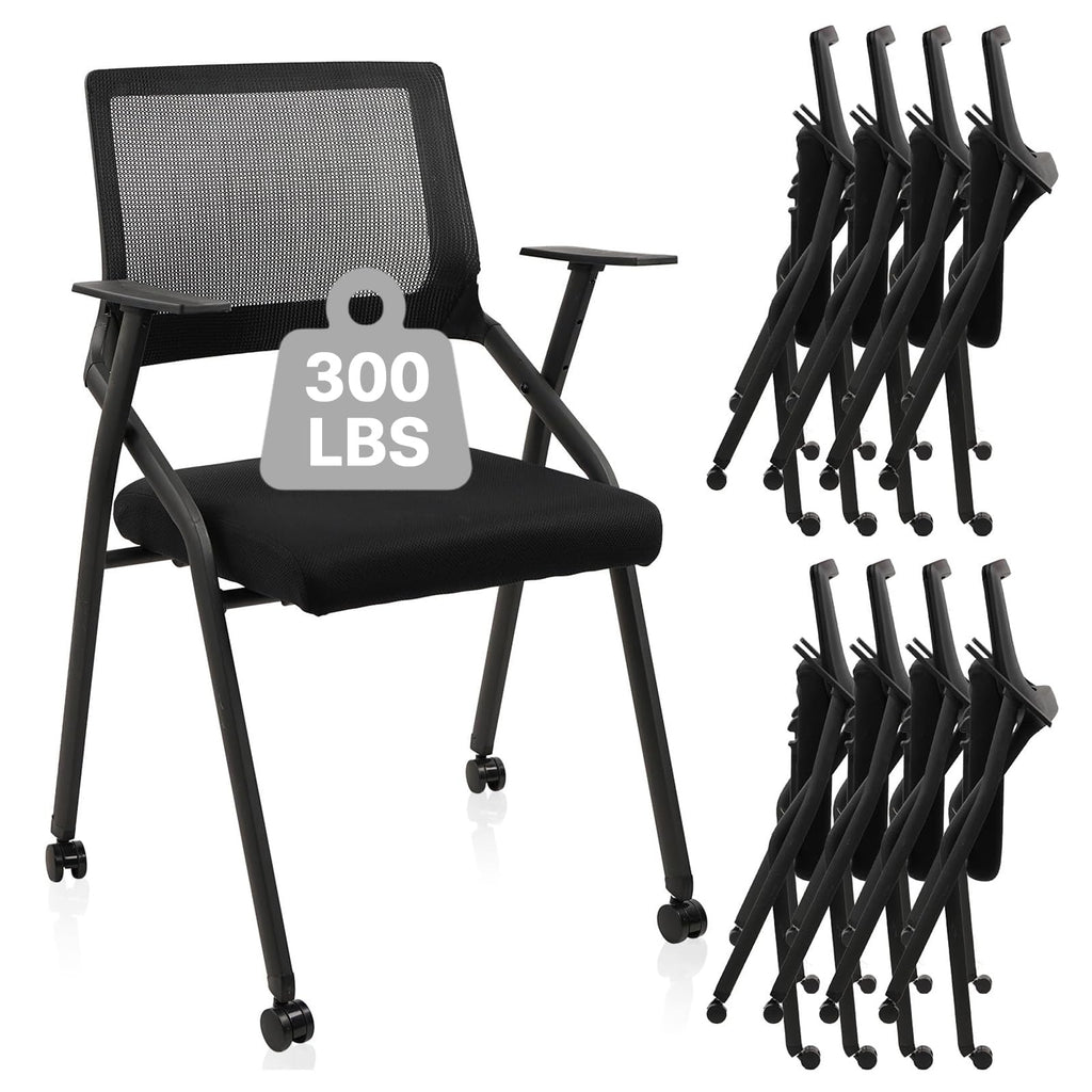 8 Pack, Stackable Foldable Chairs with Wheels, Portable Padded Office Desk Chair with Lumbar Support and Armrest for Conference School Lobby Break Waiting Training Room Guest Reception, Black