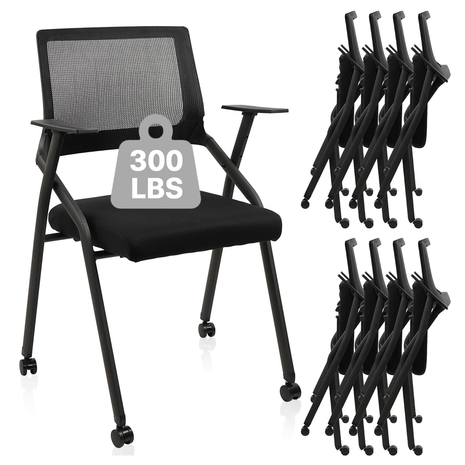 8 Pack, Stackable Foldable Chairs with Wheels, Portable Padded Office Desk Chair with Lumbar Support and Armrest for Conference School Lobby Break Waiting Training Room Guest Reception, Black