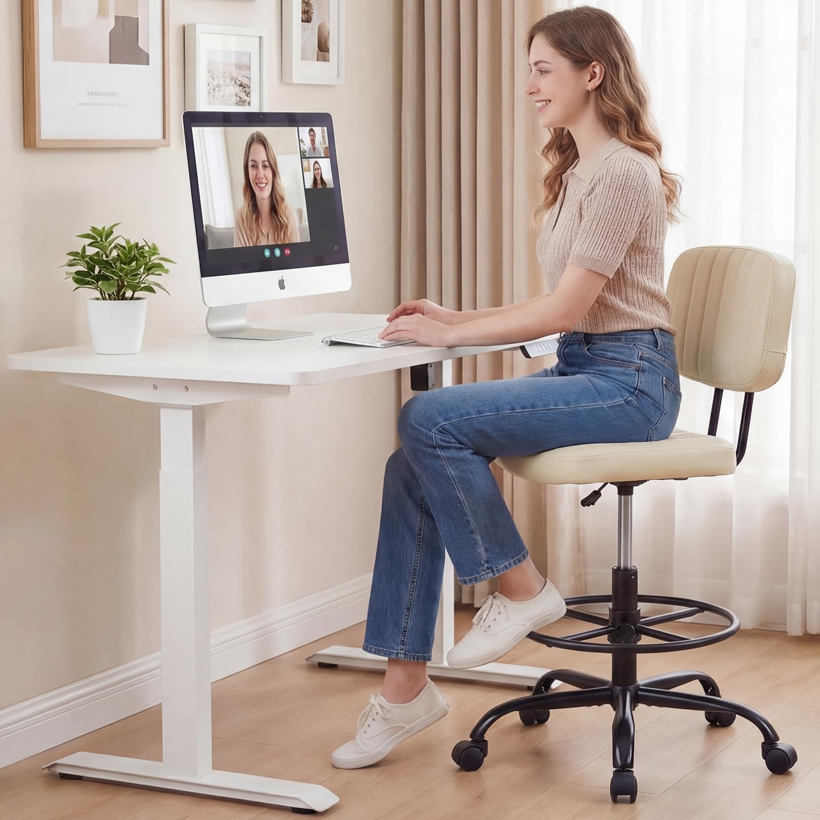 Armless Drafting Chair, Low Back Office Seat with Adjustable Footrest Ring for Standing Desk, Ergonomic PU Leather Office Seating, Swivel Rolling High Stool for Studio, Lab, Counter, Beige